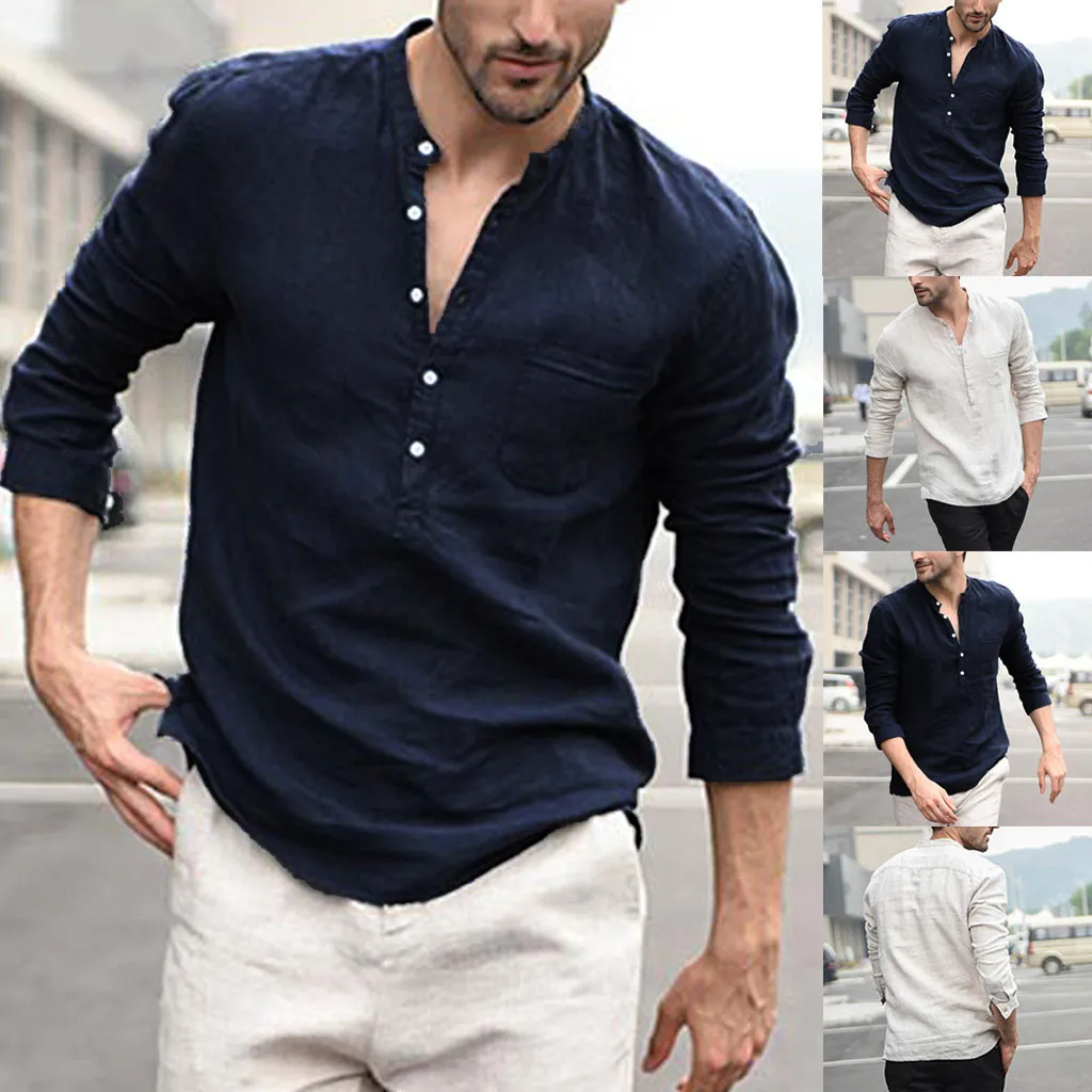 Camisa masculina Мужская винтажная однотонная льняная Однотонная рубашка с длинными рукавами, ретро Рубашки, Топы, блузка