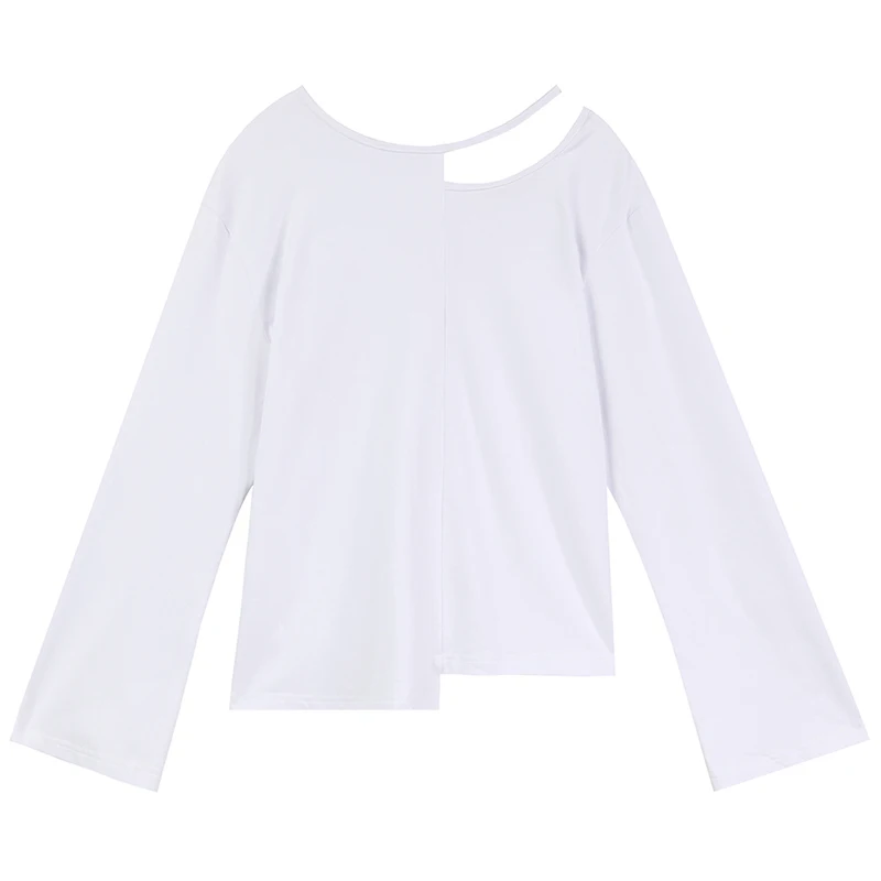 White Женские базовые хлопковые нижнее белье, футболки, открытые однотонные короткие рубашки с длинным рукавом, асимметричные футболки с круглым вырезом, весенние топы - Цвет: White