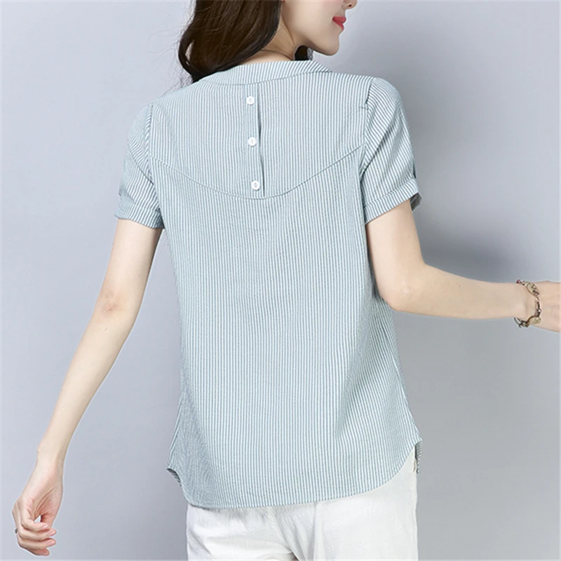 Блузка женская шифоновая в полоску модный топ с коротким рукавом и круглым