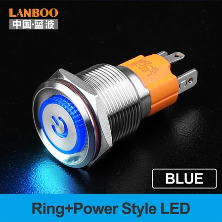Lanboo 19 мм 10A высокого тока с плоской головкой 3 pin кнопочный переключатель с защитой от повреждений и кольцом led и символ - Цвет: Blue LED Power