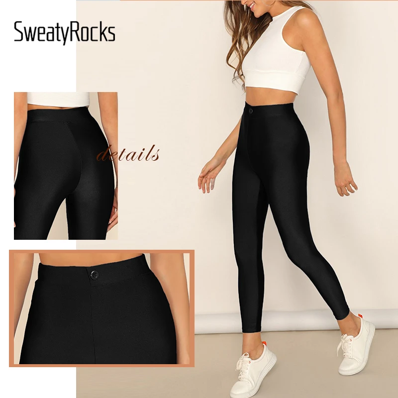 SweatyRocks однотонные леггинсы с пуговицами на талии, обтягивающие Эластичные черные леггинсы для активного отдыха, женские леггинсы с высокой талией для активного отдыха