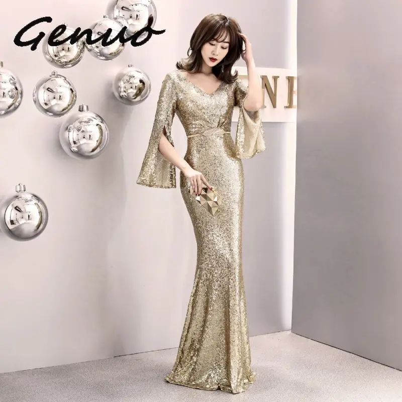 Genuo Elegant Party Dress Women Gold Silver Sequin Evening Party Gown Cloak Sleeves V Neck Belt Sexy Wedding Vestido de fiesta