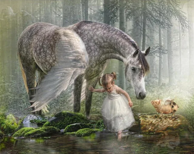 Full circular 5D DIY diamond painting girl and angel horse embroidery rhinestone cross stitch pattern home deco | Дом и сад