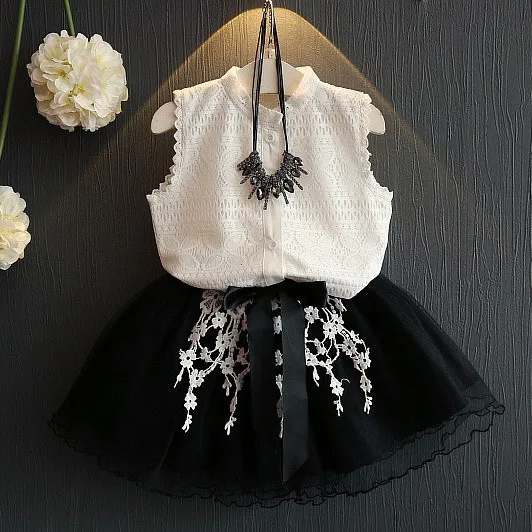 2018 новая детская белая кружевная футболка без рукавов для девочек топы + черный