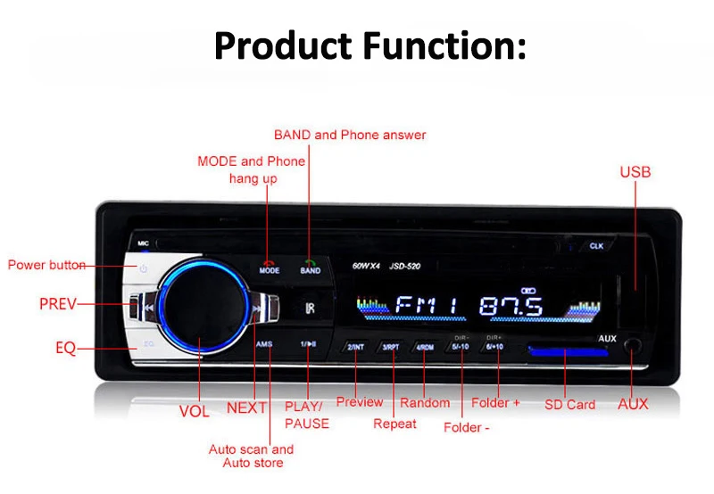 50 шт. цена за рубежом склад Bluetooth Стерео FM радио MP3 аудио плеер 5 в зарядное устройство USB/SD/AUX In-Dash 1 DIN