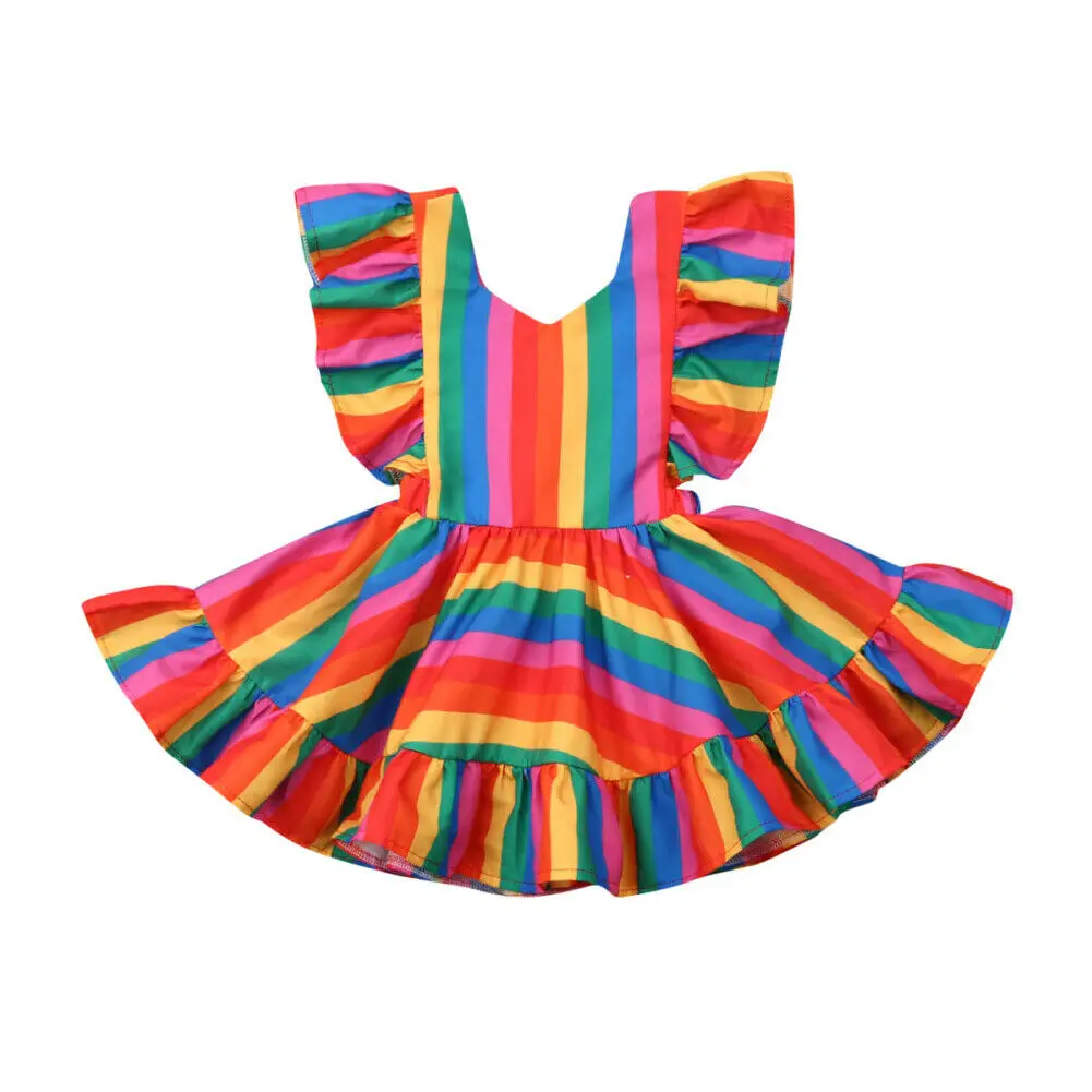 Lovely Infant Newborn Baby Girl Ruffles Sleeve Rainbow Striped Tutu Princess Girls Holiday Party Dresses Sundress Clothes | Детская