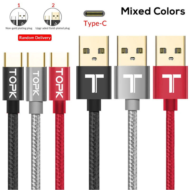 3-Pack TOPK 0,6 M/1,2 M/1,8 M usb type-C кабель с нейлоновой оплеткой для синхронизации данных type-C кабель зарядного устройства для samsung S9 Xiaomi MiA1 USB C - Цвет: 1 Grey 1 Red 1 Black
