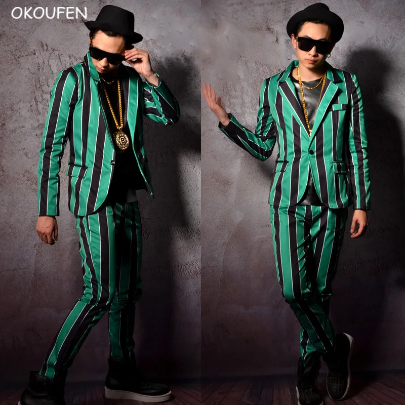 

Personality Men's British Green Striped Slim Suit Costume Nightclub Bar male Singer DJ DS Performance Costume stage dance wear