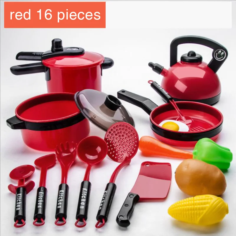 16pieces(red) 17-38 шт., Детский набор кухонных игрушек, кухонная утварь котелок кастрюля, детские игрушки для приготовления пищи, игрушки для игр, набор кухонных игрушек, детские подарки - Цвет: 16pieces(red)