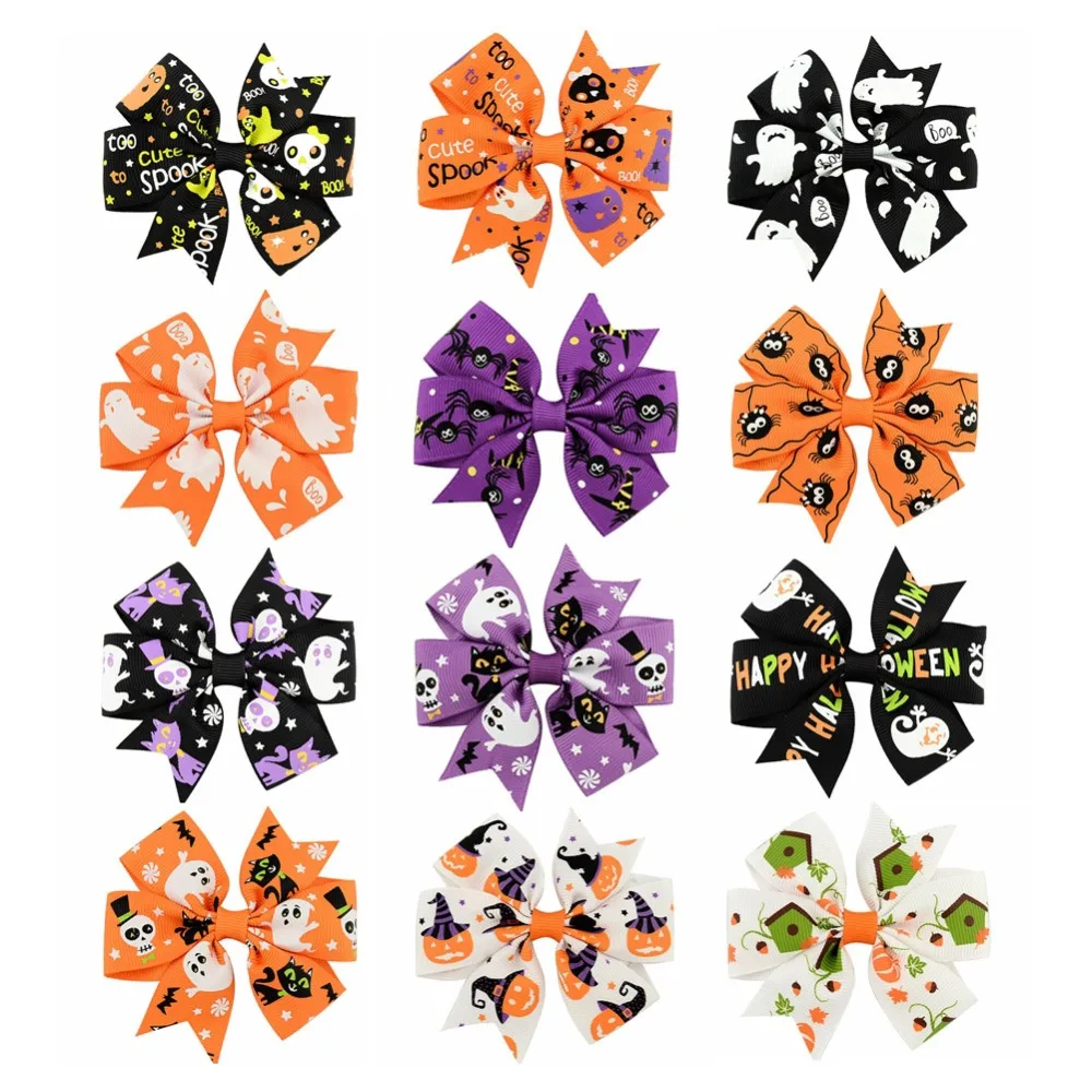 3 дюйма Хэллоуин Grosgrain ленты банты с зажимом 24 шт./лот призрак тыква Pinwheel заколки