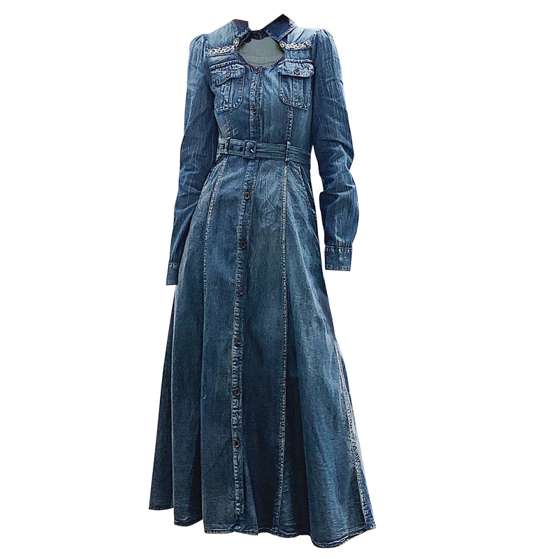 

Designer Stylish Runway Long Jeans Denim Dress Full Sleeve Single Breasted Belt A-line Swing Dress Women Clothing Vestidos