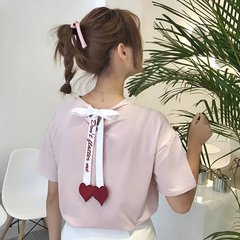 Женская футболка весна лето 2019 Корейская одежда Ulzzang Harajuku бандаж на спине с