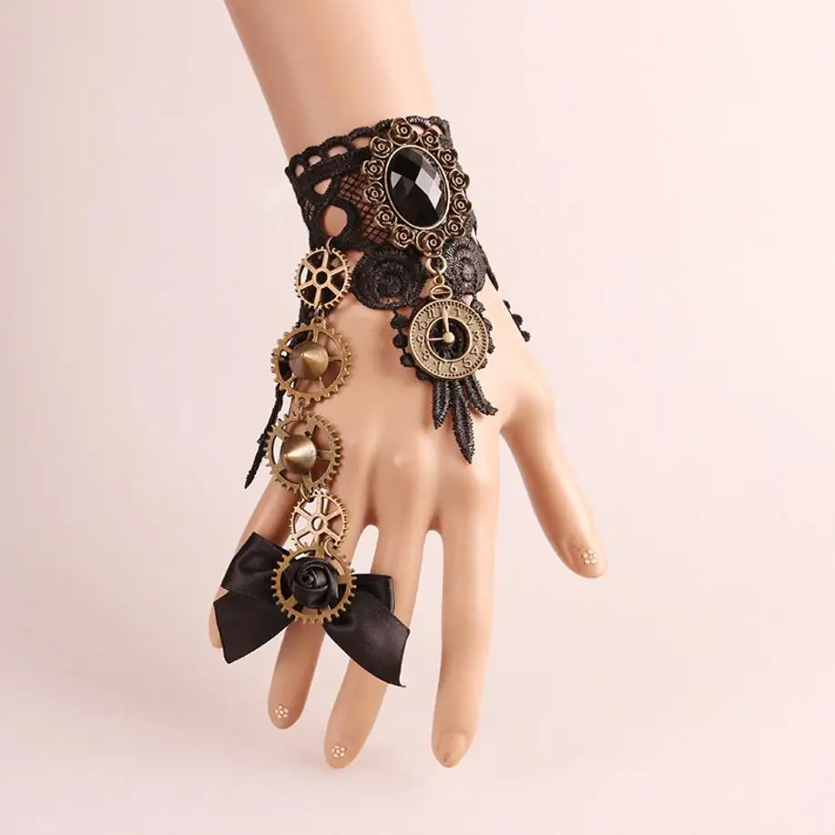 

Gothic Punk Style Rivet Studs and Gears Mixed Combo Black Lace Steampunk Bracelet