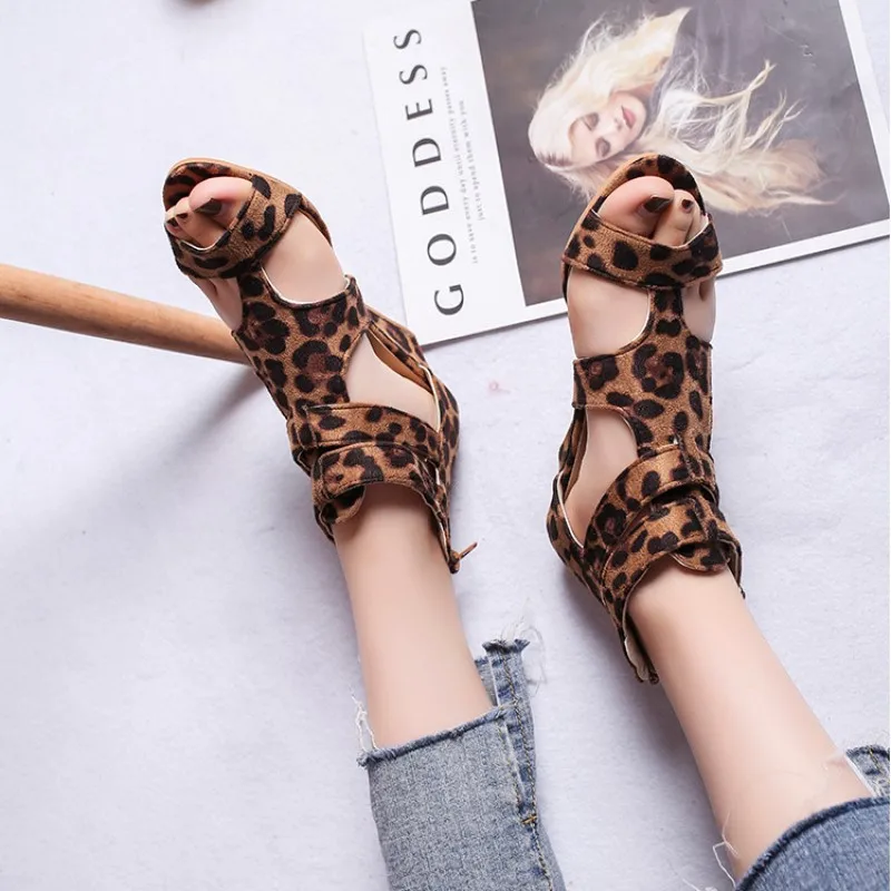 

New Summer Fishmouth Sandals For Women With Large Foreign Trade Size Zipper Buckle Slope Heel Hollow Thick Sole Leopard