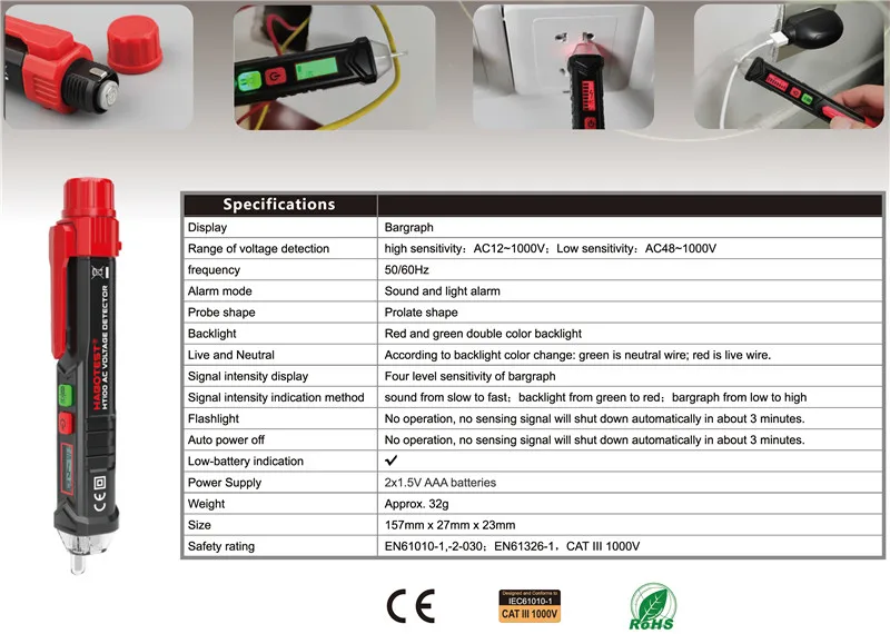 HABOTEST HT100 Бесконтактный детектор напряжения; AC/12~ 1000V Бесконтактный тестовый карандаш, электроскоп