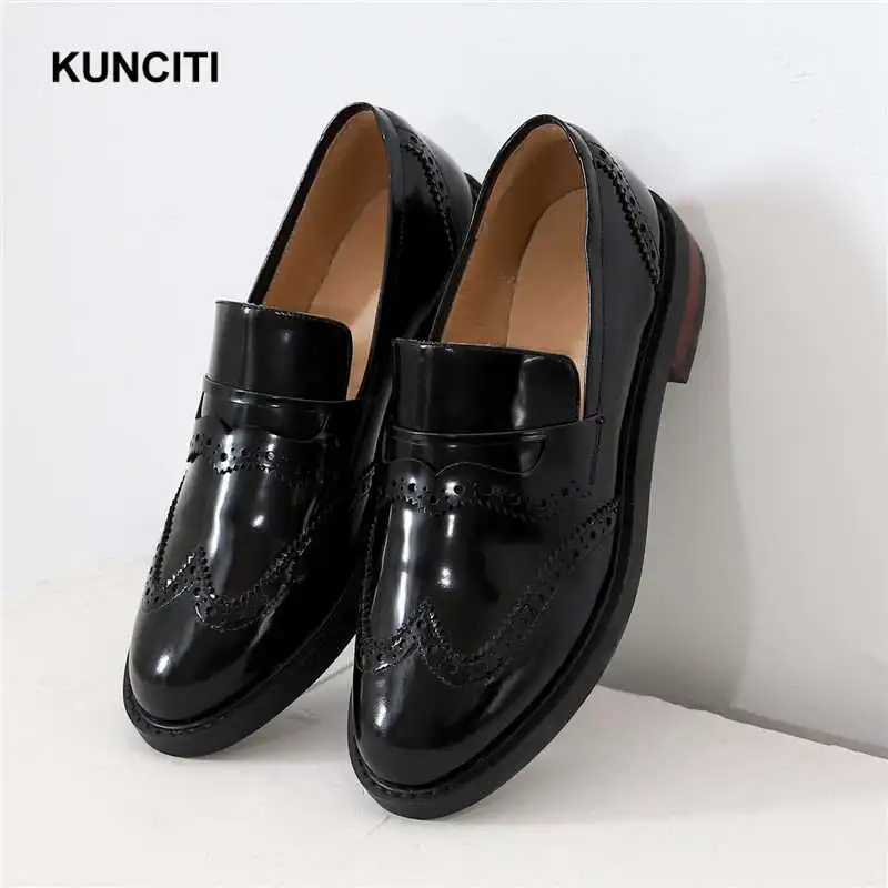 Black Patent Женские мокасины; женская обувь из натуральной кожи; женская обувь на плоской подошве; модная Винтажная обувь в Корейском стиле; обувь с перфорацией типа «броги»; F9125 - Цвет: Black Patent
