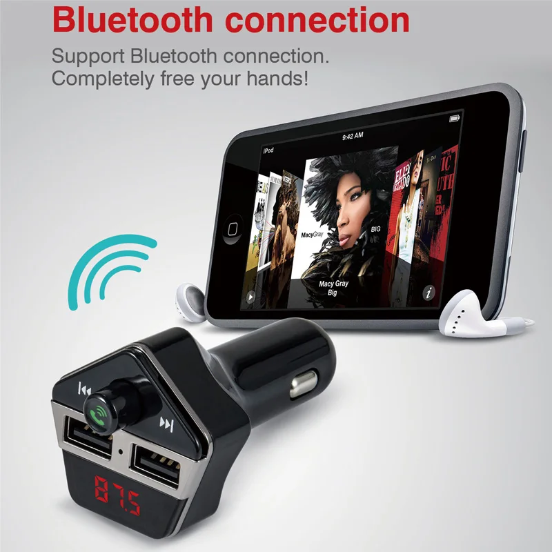 Передатчик FM Bluetooth Handsfree автомобильный комплект Автомобильный mp3 плеер Transmisor FM модулятор двойной USB порт 2.1A+ 1A быстрое зарядное устройство выход