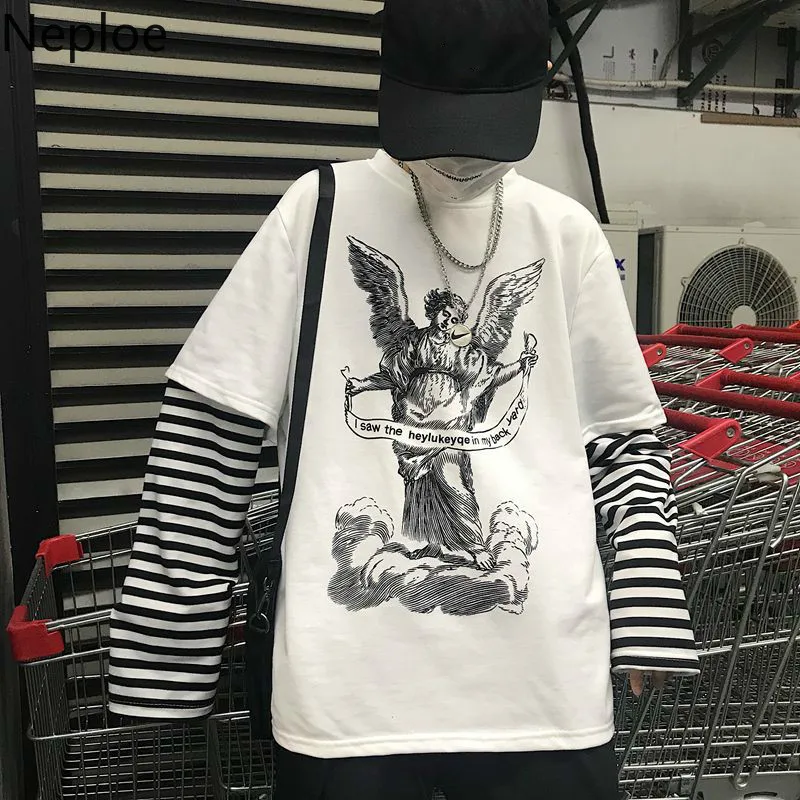 Neploe Harajuku футболка с длинным рукавом Женская принт в стиле пэчворк полоску О