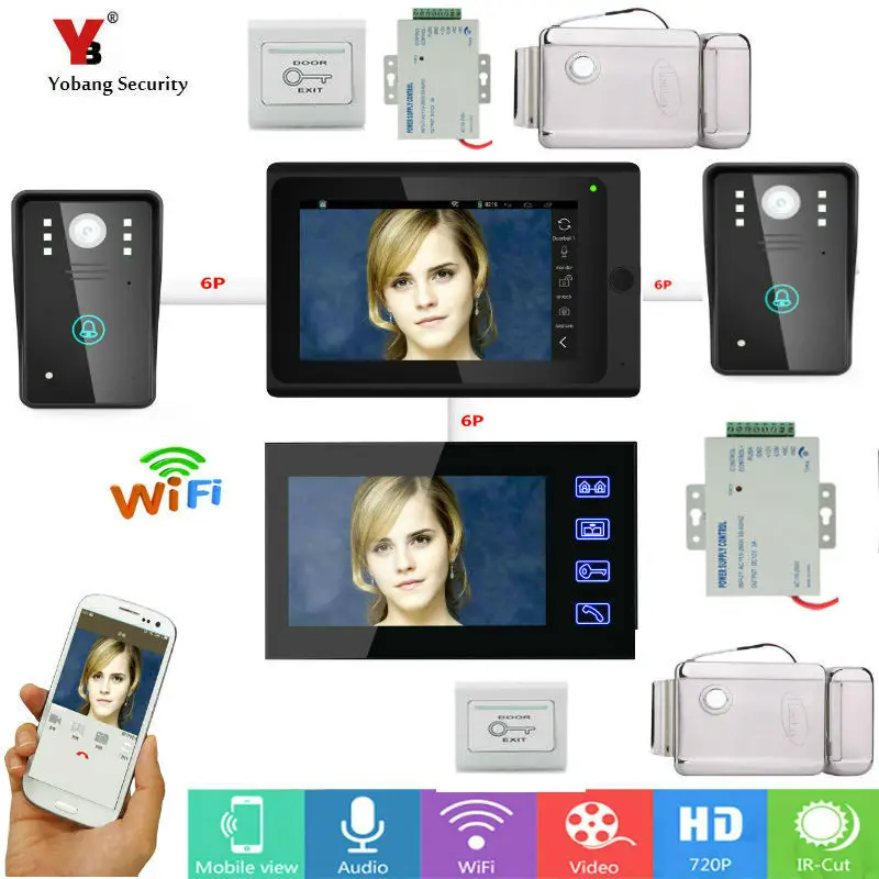Yobang Security 7 дюймов 2 монитора проводной/беспроводной Wifi IP видео дверной звонок