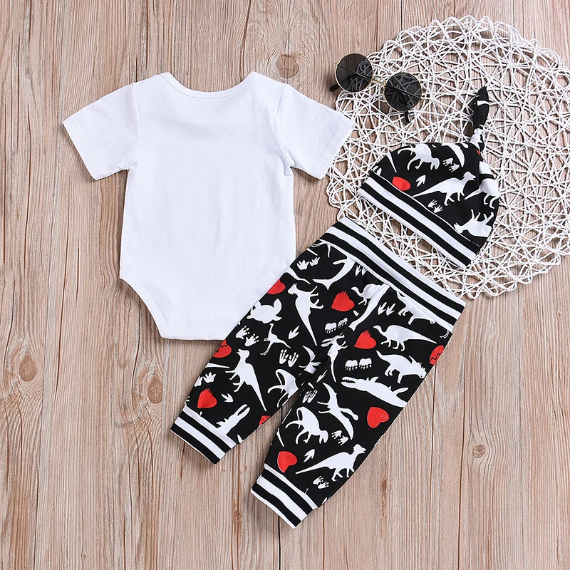 0-24M Newborn Baby Boy Girl Dinosaur Clothes Summer Short Sleeve Cotton Romper Tops Long Pant Hat 3PCS Outfits Clothing Set | Детская