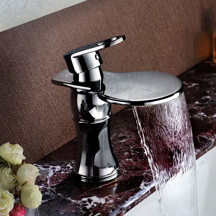 

luxury solid brass chrome finished bathroom sink waterfall faucet basin Hot and cold water mixer tap faucet--MD4575