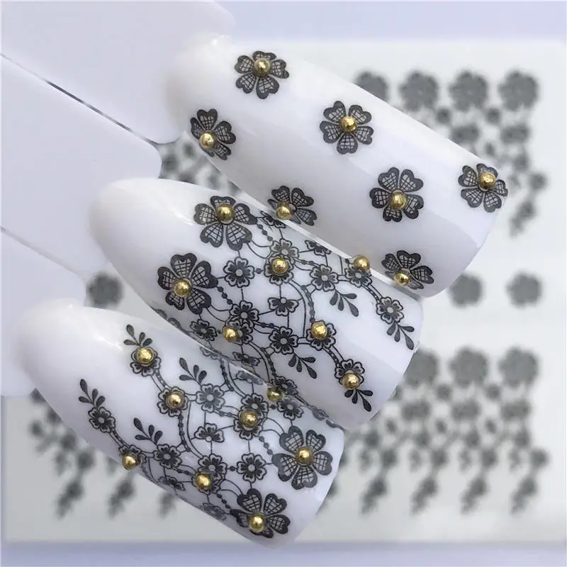

YWK Black Flower Nail Sticker Decal Water Transfer White Black Tips Women Makeup Tattoos 2021 Summer New Design
