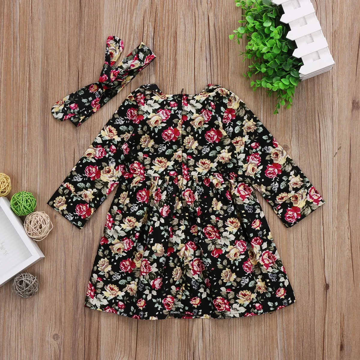 2019 Baby Autumn Clothing Toddler Kid Girl Cotton Floral Princess Longsleeve Dress Lace Tutu Gown Headband 2Pcs 6M-3T | Детская одежда