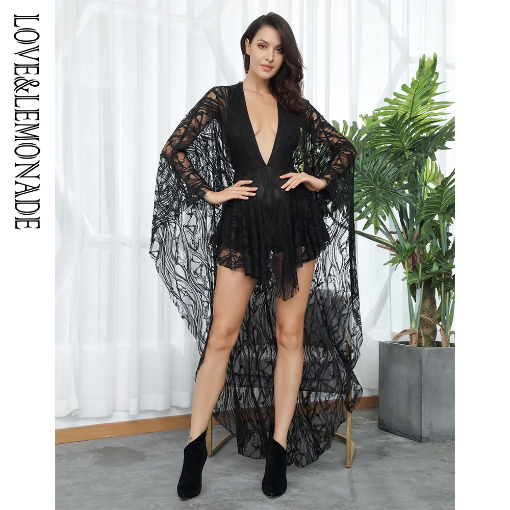 LOVE&ampLEMONADE V-Neck Ruffles Open Back Lace Playsuit LM81381-1 | Женская одежда
