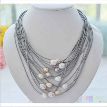 

Ожерелье из натуральной кожи с жемчужинами, 15 рядов