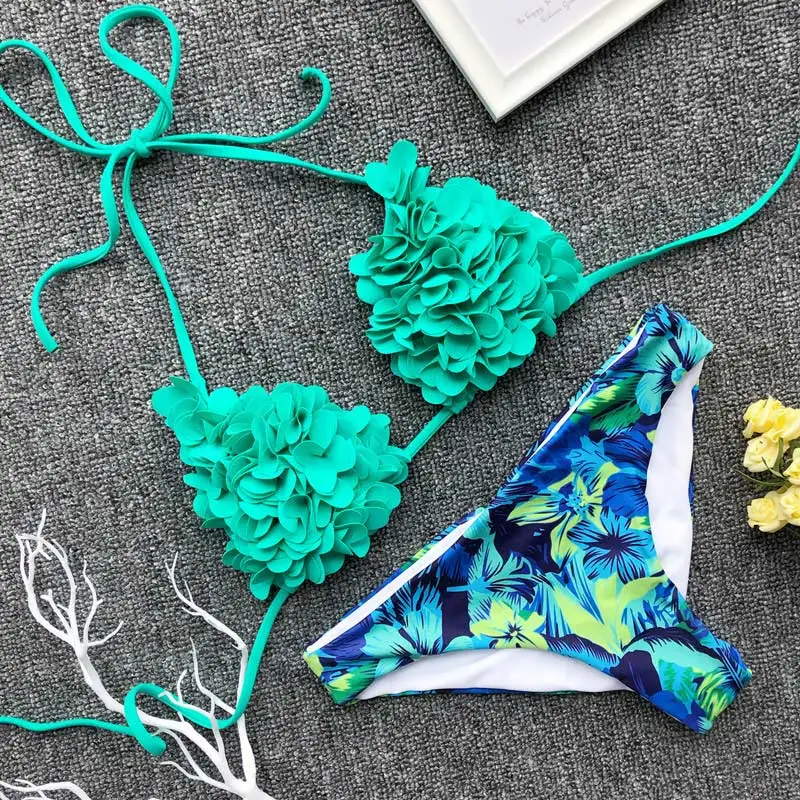 Green Print Комплект бикини с желтым цветком, красный гофрированный бикини,, mujer maillot de bain femme, бандажный плиссированный купальник, женский купальник с пуш-ап - Цвет: Green Print