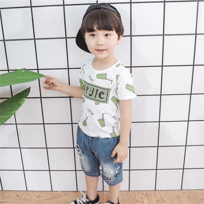 Boys summer clothes sets new 2019 fashion cotton cartoon t-shirt+denim shorts 2pcs for children boys casual tracksuits outfits |