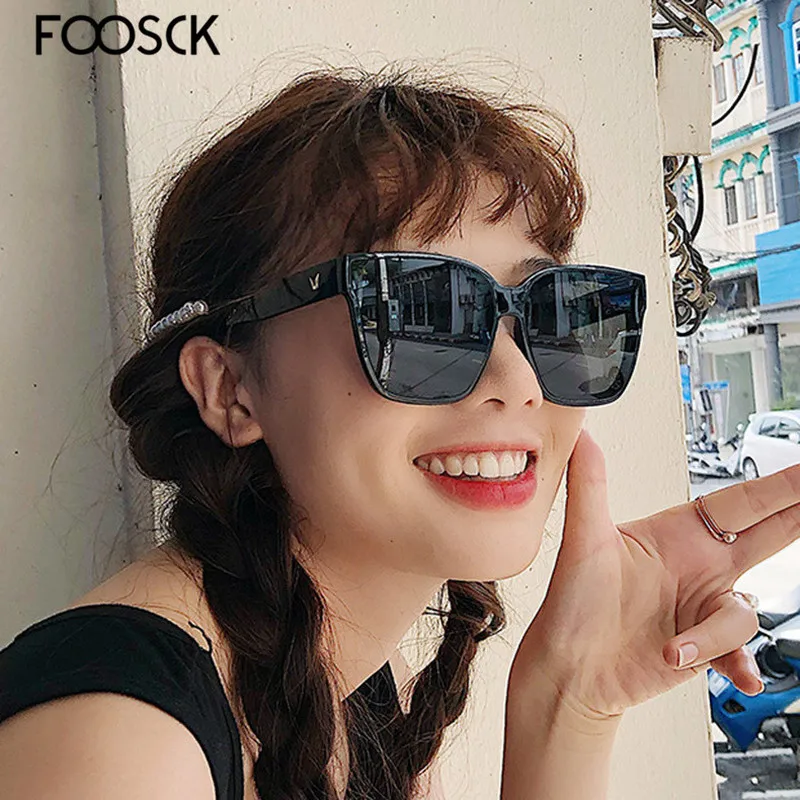 Женские квадратные солнцезащитные очки FOOSCK большие летние зеркальные с оправой