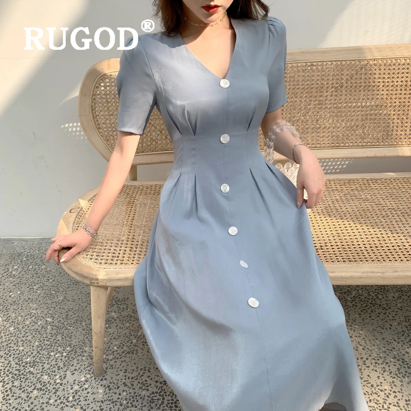 Женское атласное платье RUGOD винтажное однотонное на пуговицах с v образным