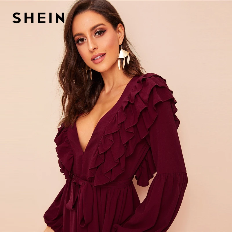 SHEIN с глубоким вырезом на шее многослойное отделкой поясом Абаи платье темно-бордовый однотонный Гламурная глубокий v-образный вырез Для женщин платья