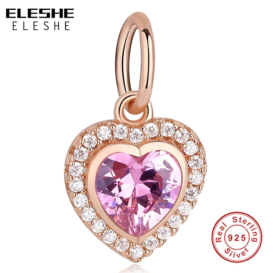 

ELESHE 100% 925 Sterling Silver Crystal CZ Bead Rose Gold Heart Dangle Charm Fit Original Bracelets DIY Jewelry Accessories