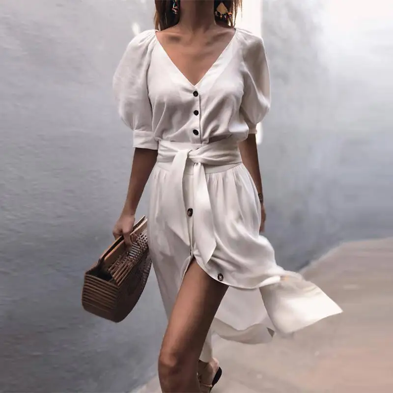 Женское пляжное платье с v образным вырезом повседневное длинное однотонное