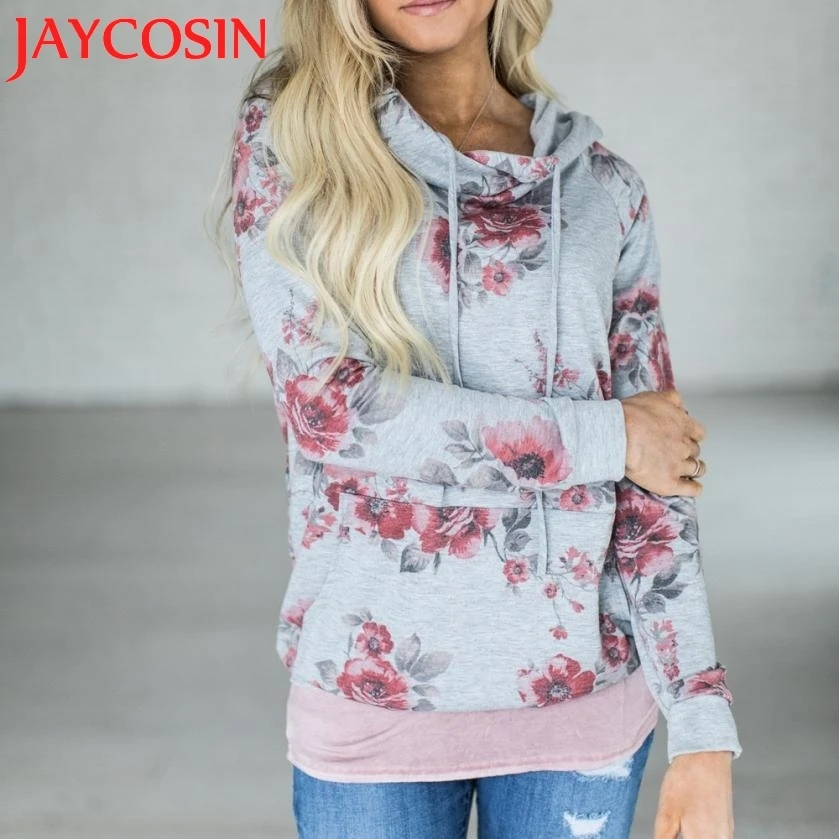 2017 Женский Повседневный модный свободный свитер с капюшоном и цветочным принтом