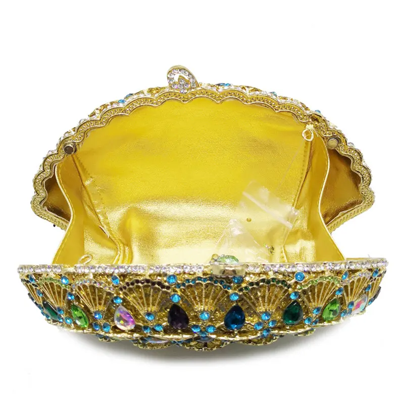

Purple/Blue/Green Shell Shape Crystal Clutch Bag Fashion Women Golden Metal Evening Party Clutches Purses Lady Chain Clutch Bags