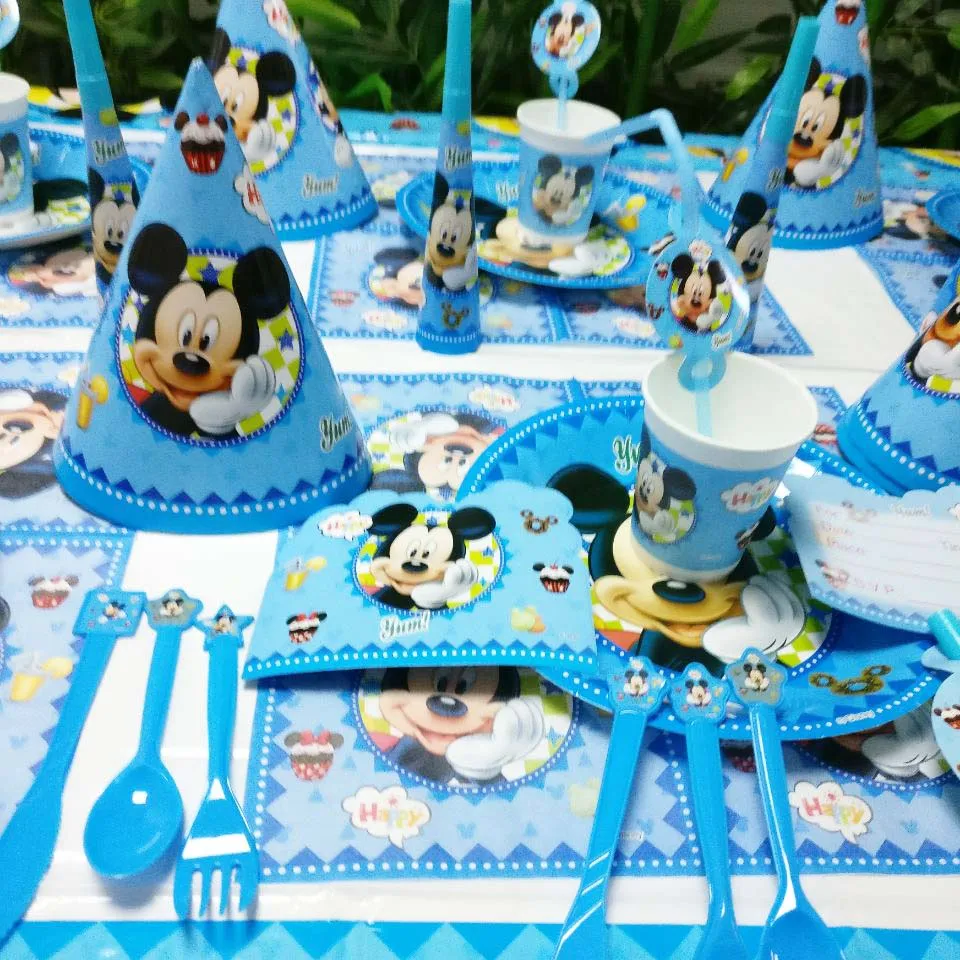 Микки Маус Дети День рождения украшения набор вечерние принадлежности баннер на тарелке, чашке шляпа соломы Лут мешок Вилка чашка тарелка скатерть крышка