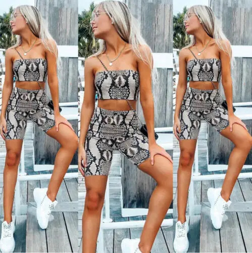 Женский Принт змеиной кожи укороченный Топ Верхние леггинсы шорты комплект