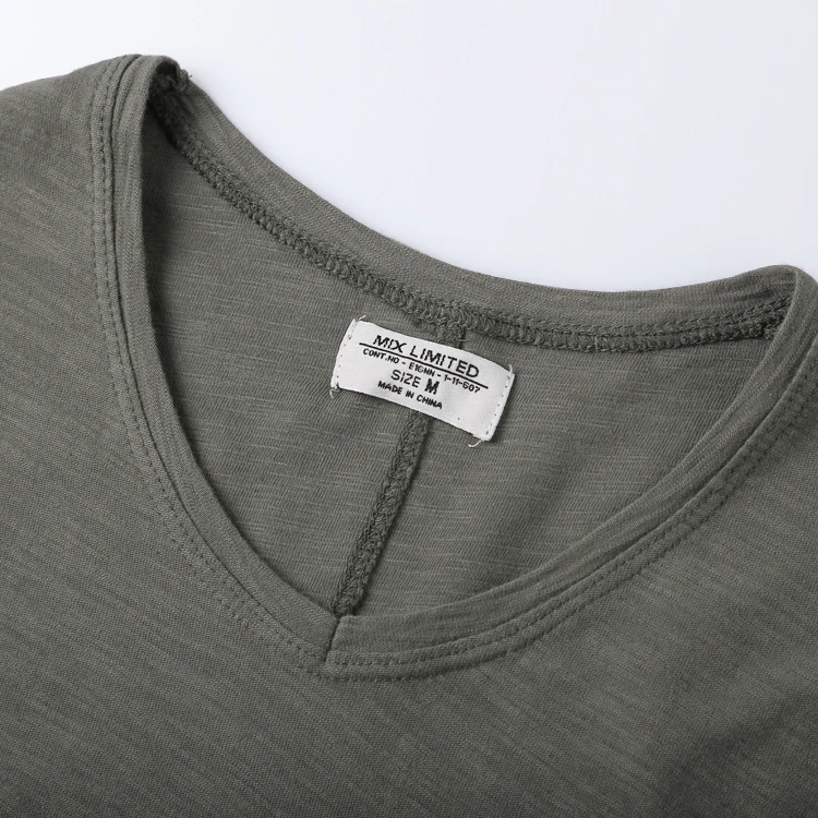 Мужская хлопковая футболка с V образным вырезом длинным рукавом и карманами|tees