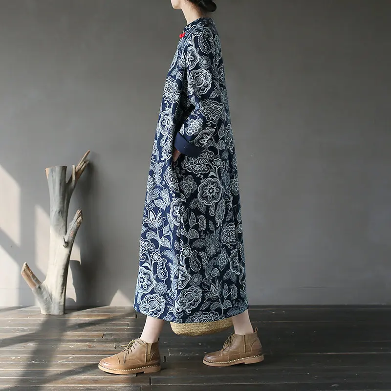 Женское винтажное платье в китайском стиле Cheongsam белого и синего цвета Осень зима