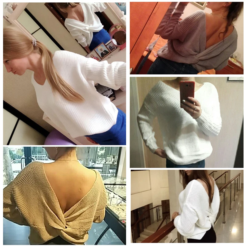 V Neck Sweaters Spring Autumn Women Sexy Backless Reversible Long Sleeve Cross Tie Knot Knitted Pullovers Jumpers | Женская одежда