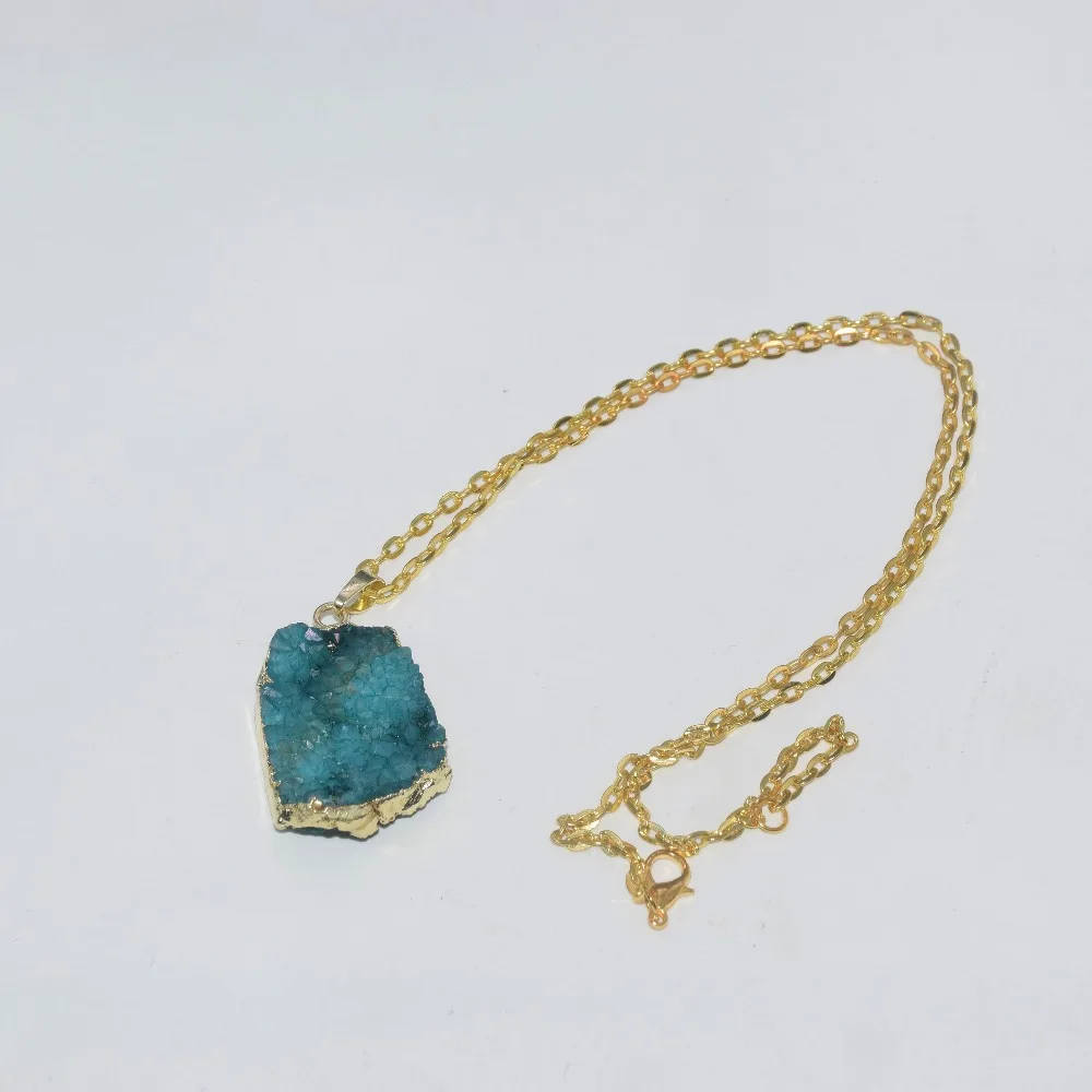 Geode Druzy Crystal Quartz Pendant Necklace Blue Irregular Energy Custom Adjustable stone gold chain women long necklace 2019 | Украшения и