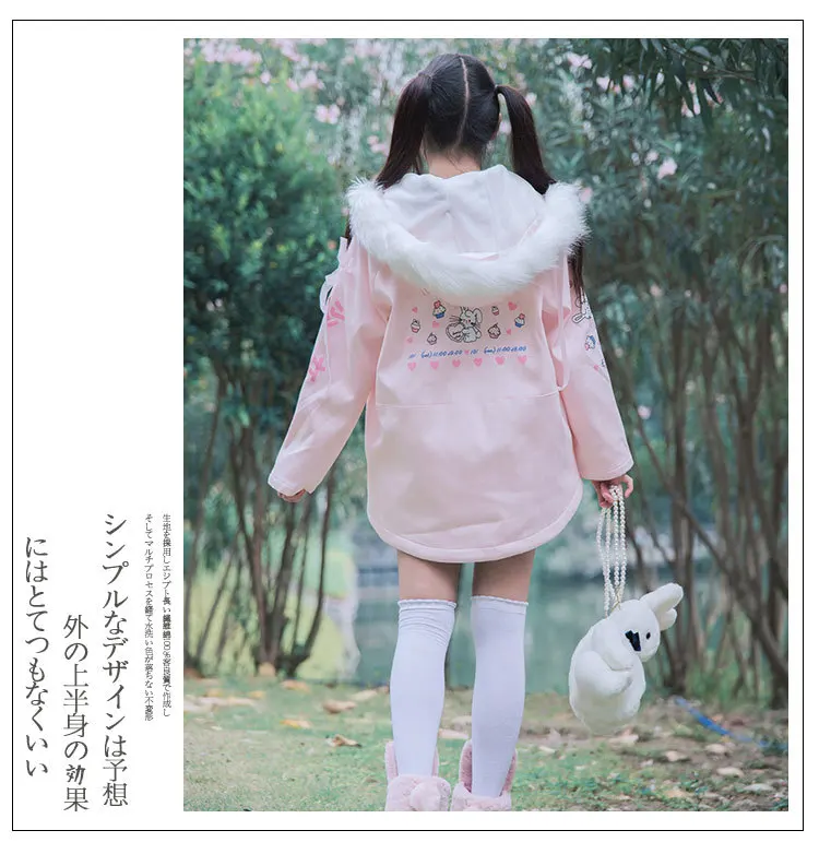 Новинка зимы, женское милое Пальто Harajuku, розовый принт с кроликом, Мультяшные куртки, Kawaii, милая одежда на молнии для молодых девушек с капюшоном