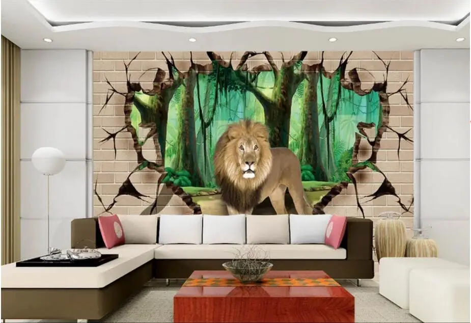 Фотообои на заказ 3d обои для комнаты лес Лев кирпичная стена фон телевизора