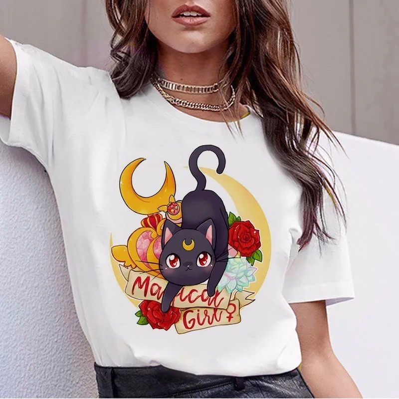 Матросская футболка с Луной женские kawaii Модные женские футболки в стиле Харадзюку футболка Эстетическая футболка Ulzzang Милая футболка с котом топ с рисунком
