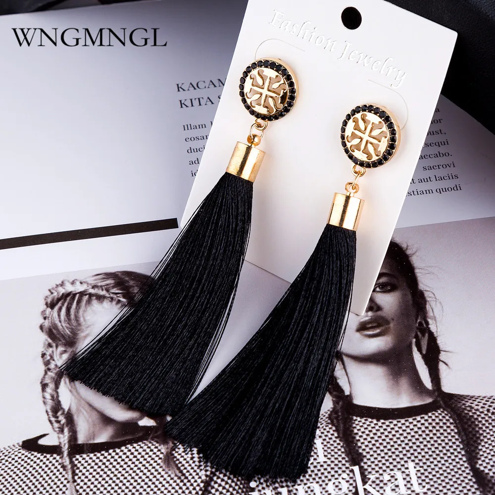 

WNGMNGL New Women Earrings Bohemian Silk Fabric 9 Colors Crystal Long Drop Tassel Earrings For Women 2018 Fashion Jewelry Gift