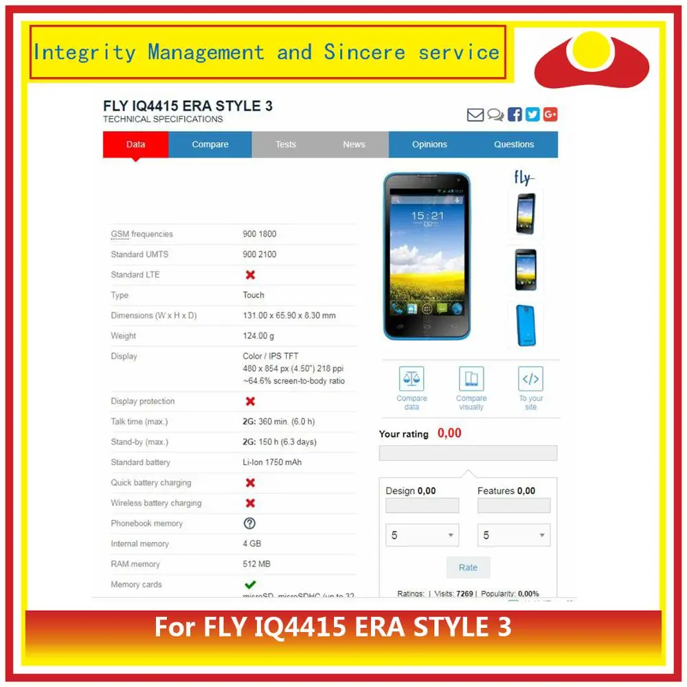Оригинальный Для FLY IQ4415 ERA STYLE 3 дигитайзер сенсорная панель Внешний стеклянный