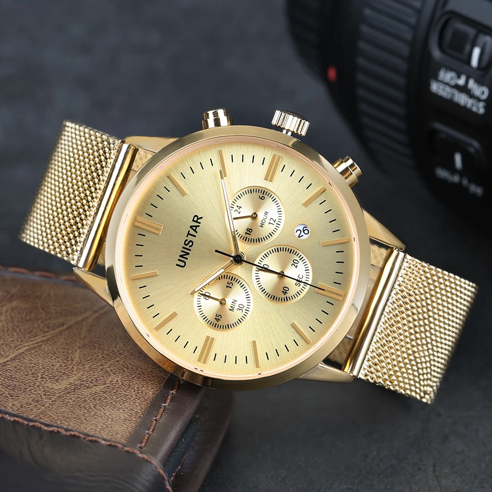 Unistar Роскошные Для мужчин часы Нержавеющая сталь кварцевые Топ человек